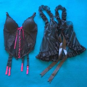 Black Lace-up Corset // Black & Pink Corset Size M